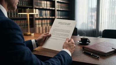 Руки у темному костюмі тримають офіційне повідомлення про підозру на столі в адвокатському офісі на тлі ранкового світла