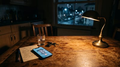 Нічний кухонний стіл під настільною лампою — смартфон, блокнот із записаним телефоном, ключі. Сцена раптового нічного дзвінка про затримання близького